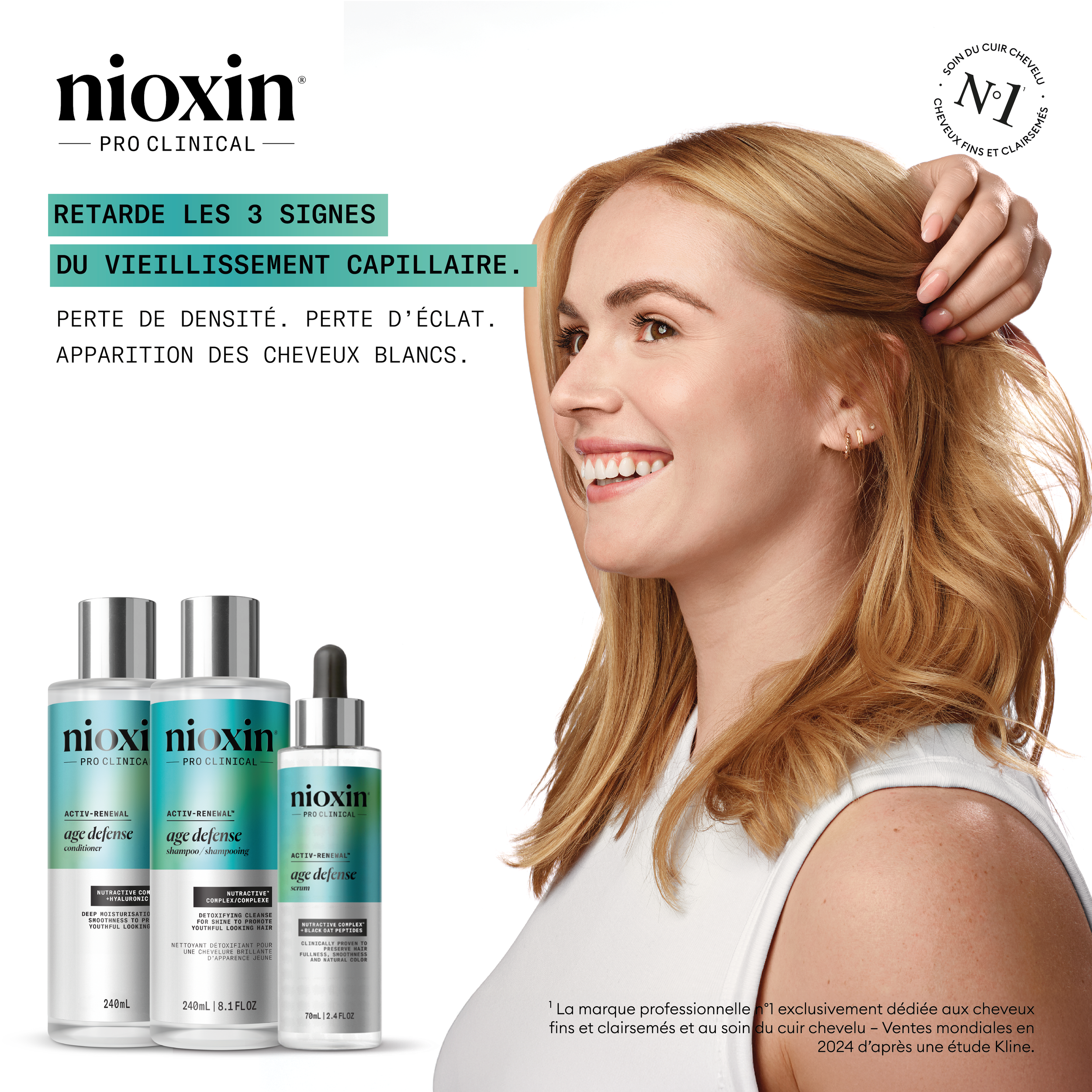 Une publicité pour des produits capillaires Nioxin Pro Clinical, avec une femme aux cheveux roux souriante, touchant ses cheveux. Le texte en français encourage à retarder les signes du vieillissement capillaire, tels que la perte de densité, l'éclat, et l'apparition de cheveux blancs.