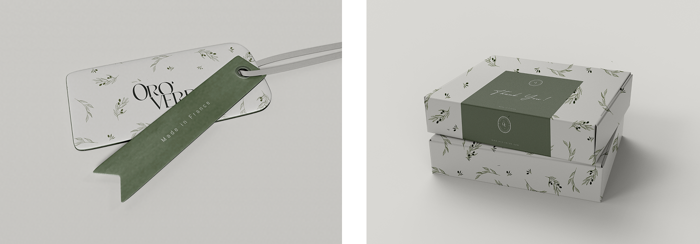 Deux emballages de produits ornés de motifs floraux, un avec une étiquette rectangulaire et un autre avec un emballage-cocotte, tous deux dans des tons de blanc et vert.