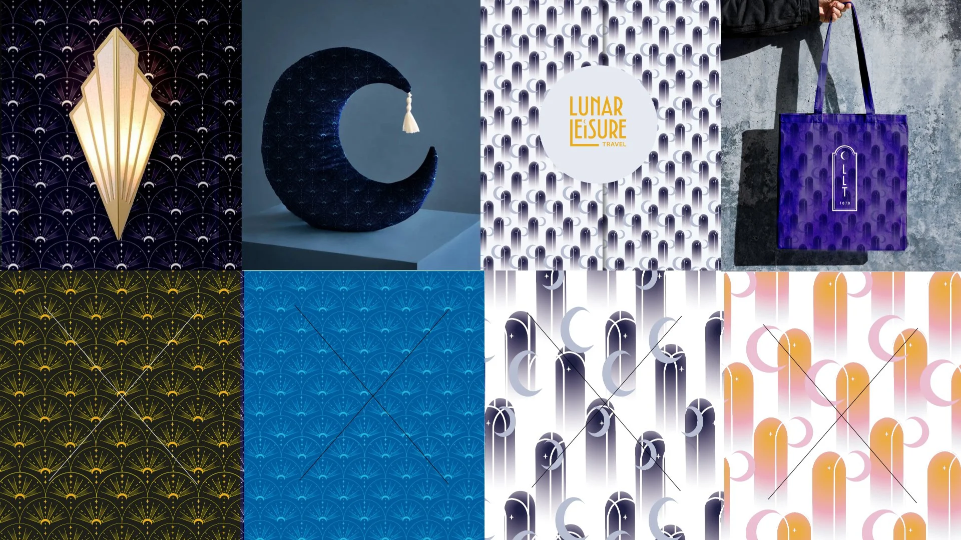 Collection de motifs et objets avec thème lunaire, comprenant un pendentif en forme d'éclair, une sculpture de lune, un papier à motif lune, un sac en tissu violet avec motif lunaire, et des papiers décoratifs avec motifs de lune et de ciel nocturne.