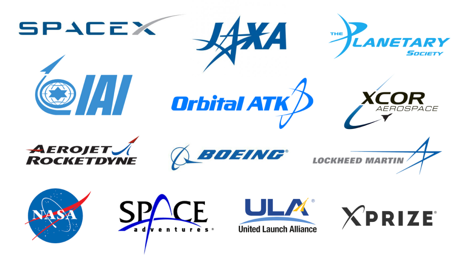 Logos de plusieurs agences spatiales et compagnies aérospatiales, incluant SpaceX, NASA, Arianespace, JAXA, Planetary Society, International Astronautical Federation, Orbital ATK, XCOR Aerospace, Aerojet Rocketdyne, Boeing, Lockheed Martin, ULA, XPRIZE.