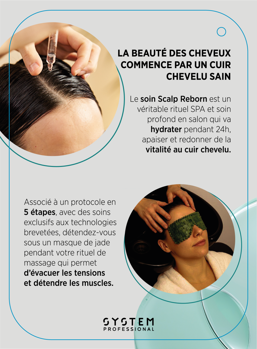 Présentation de soins capillaires et spa visage avec deux images : une injection sur le cuir chevelu et une personne sous un masque de jade dans un salon de spa.