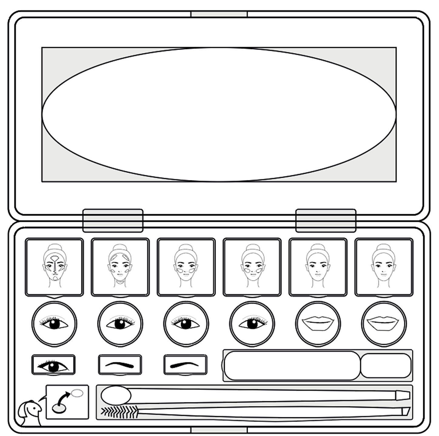 Une palette de maquillage avec des options pour le visage, les yeux et les lèvres, avec des illustrations de visages et d'yeux pour choisir les styles de maquillage.
