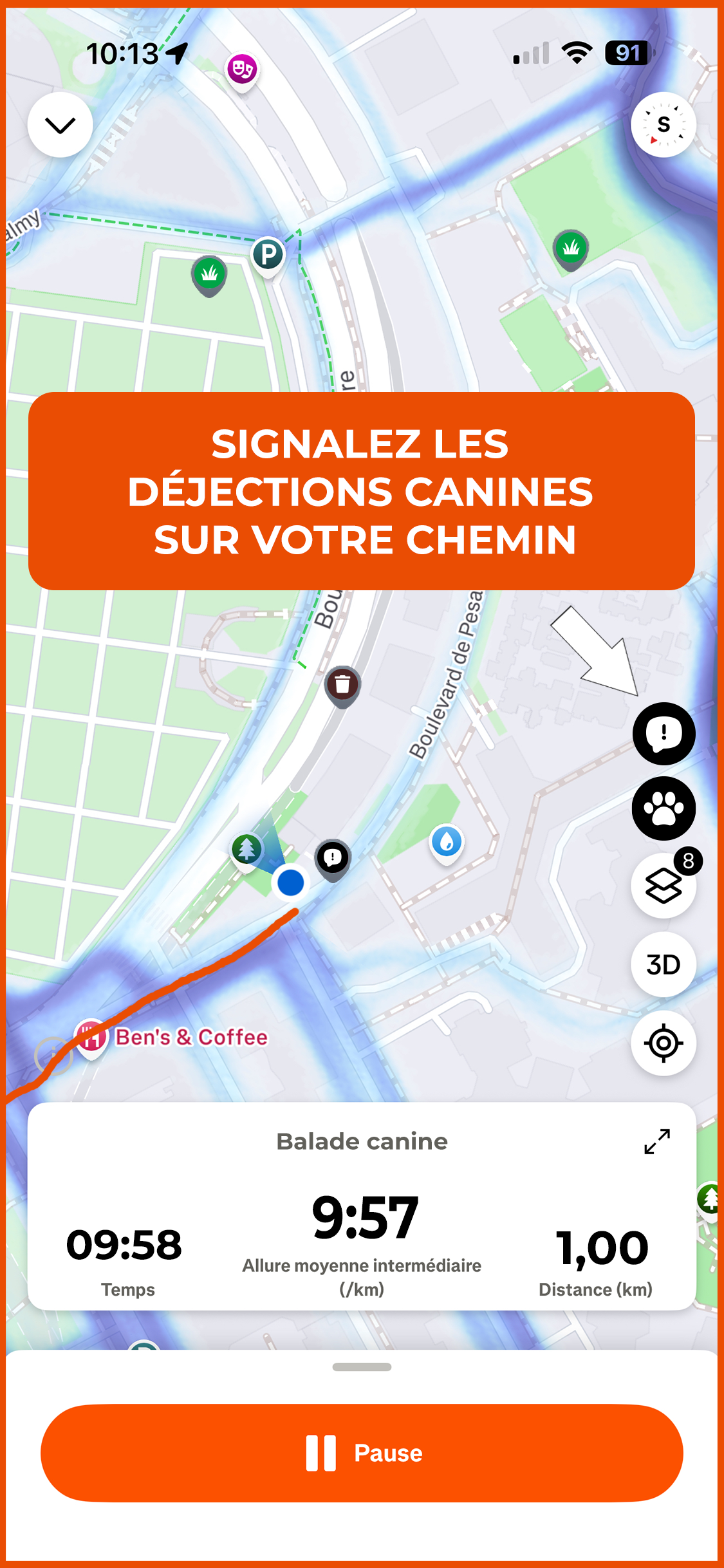 Capture d'écran d'une application de navigation GPS avec une carte, une indication encourageant à signaler les déjections canines, et un tracé de parcours pour une promenade canine de 1 kilomètre, avec la vitesse moyenne et le temps écoulé.
