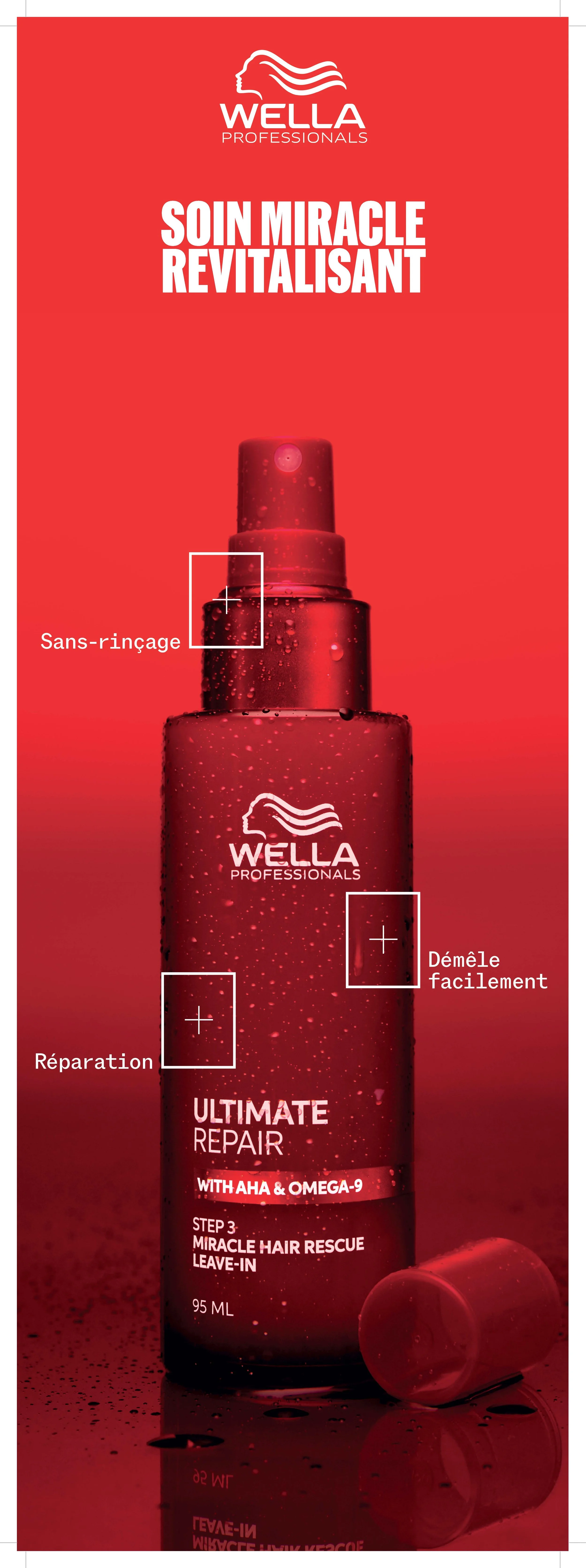 Une publicité pour un produit capillaire de la marque Wella Professionals, intitulée 'Soin Miracle Revitalisant'.
