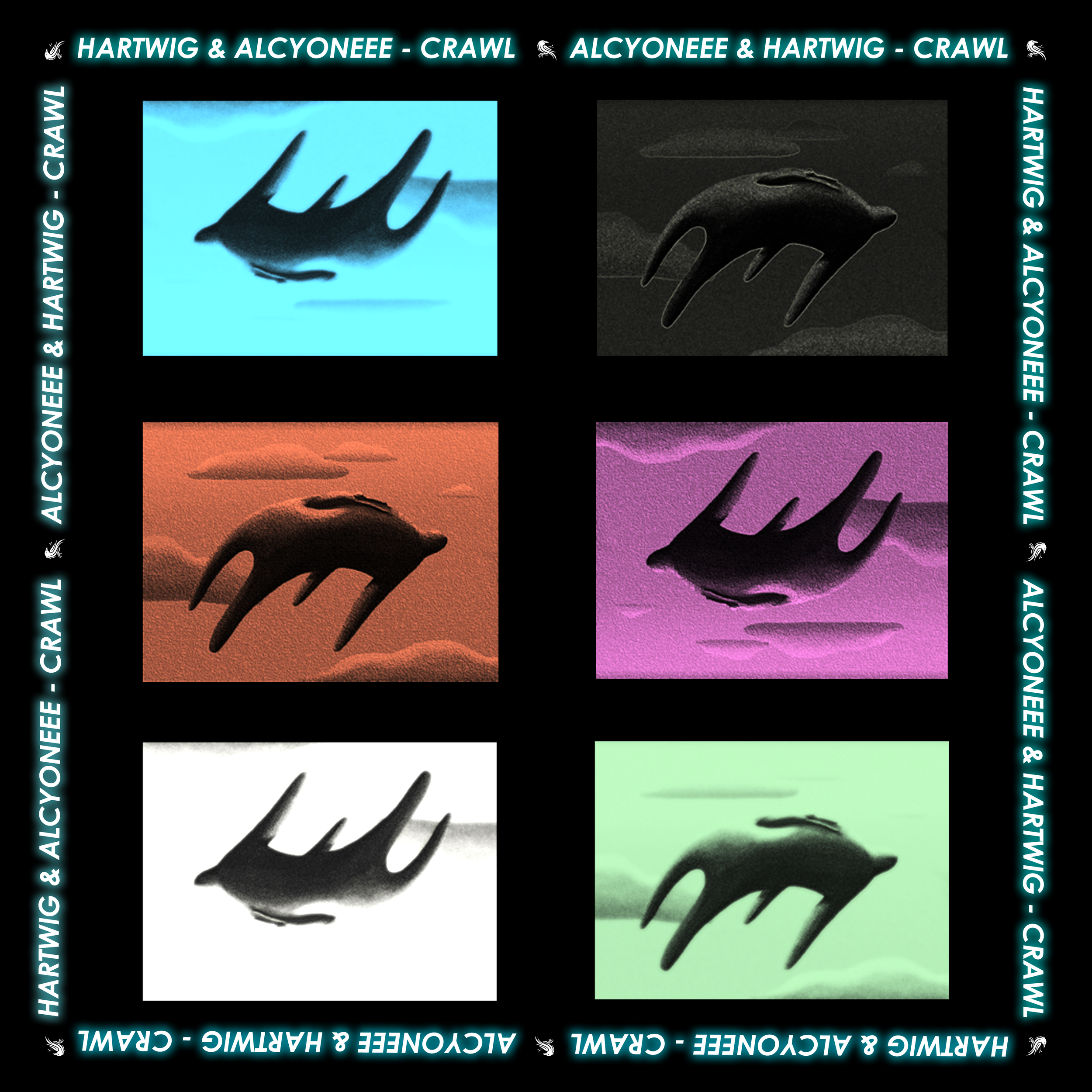 Une affiche colorée avec six images de fosses ressemblant à des fosses d'ALCYONEE et HARTWIG, dans différents filtres de couleur, entourées d'une bordure noire avec un texte en anglais indiquant 'HARTWIG & ALCYONEEE - CRAWL' ainsi que leurs noms, et une ligne en bas 'ALCYONEEE & HARTWIG - CRAWL'.