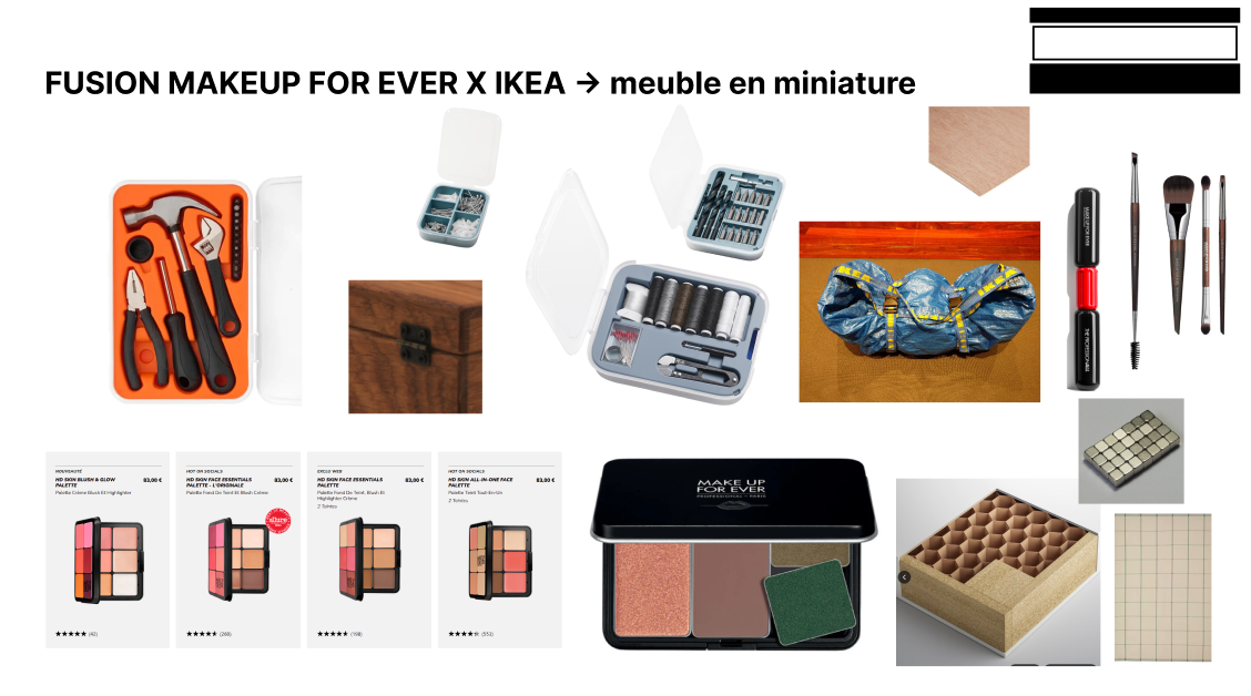 Une collection d'outils pour maquillage et bricolage, une boîte à outils, un sac de chantier, un kit de couture, des palettes de maquillage, un miroir, et divers autres petits objets