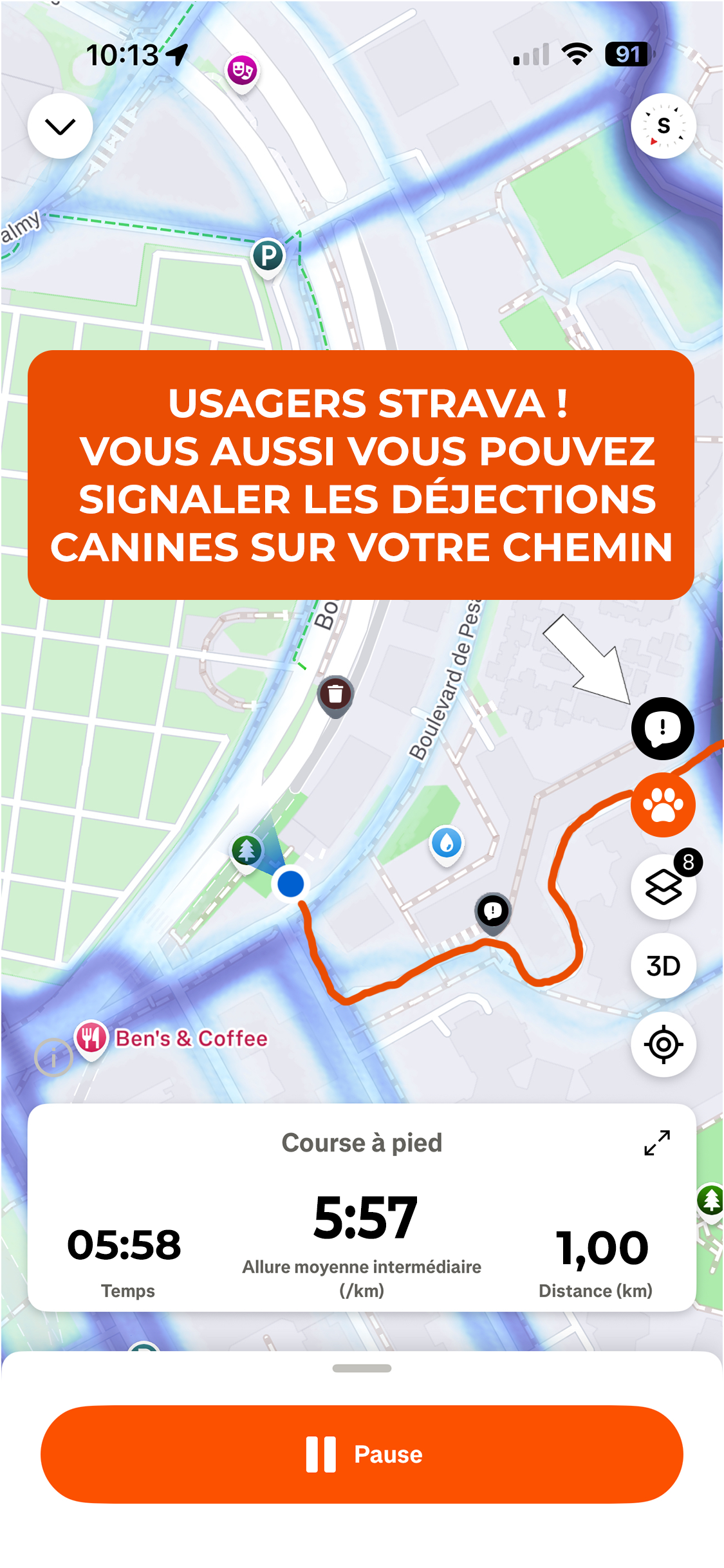 Capture d'écran de l'application Strava montrant un itinéraire de course à pied, avec un message en français signalant aux utilisateurs la possibilité de signaler des déjections canines sur leur parcours.
