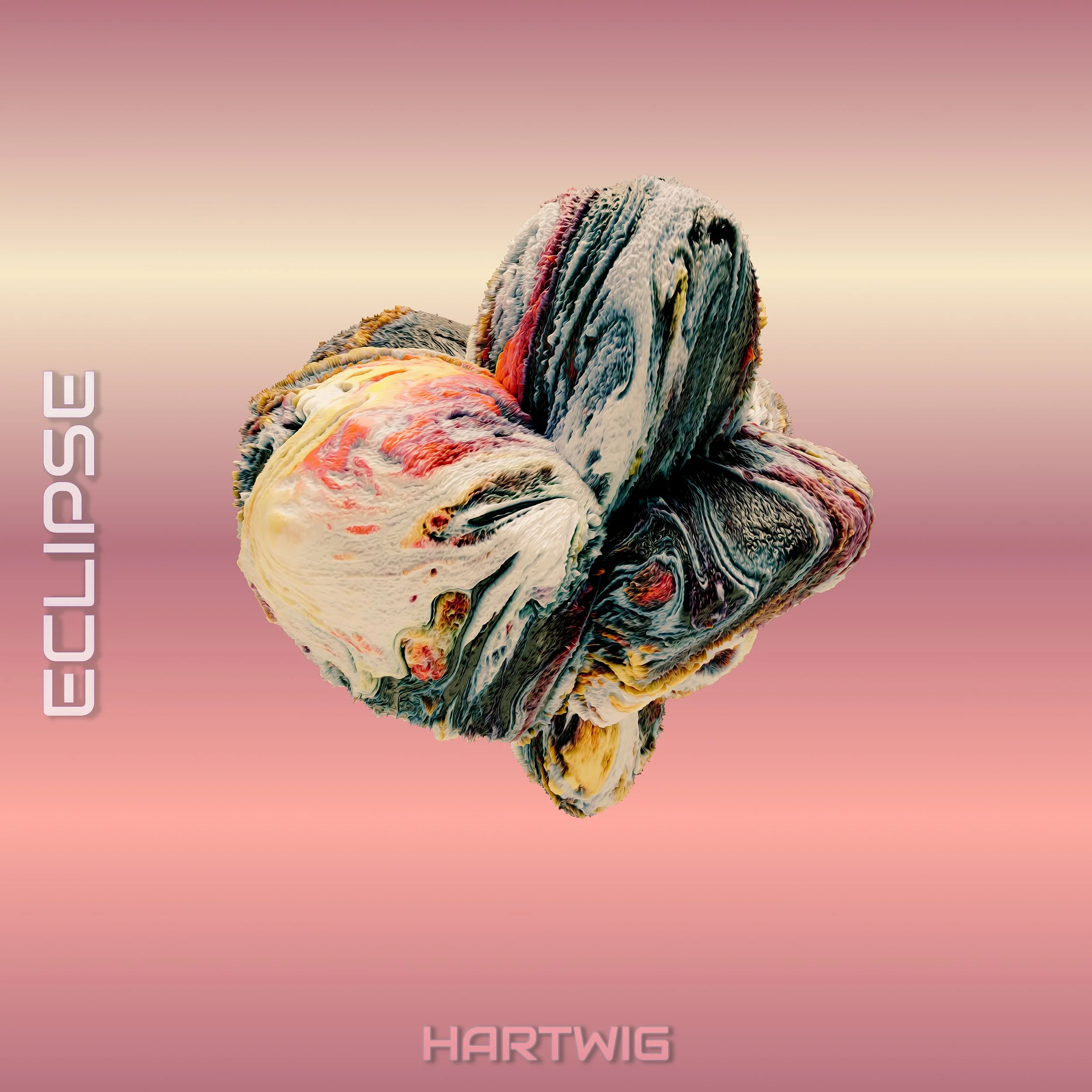 Une sculpture abstraite en forme de cube avec des motifs colorés et texturés, sur un fond pastel rose et beige, avec le texte 'ECLIPSE' à gauche et 'HARTWIG' en bas.