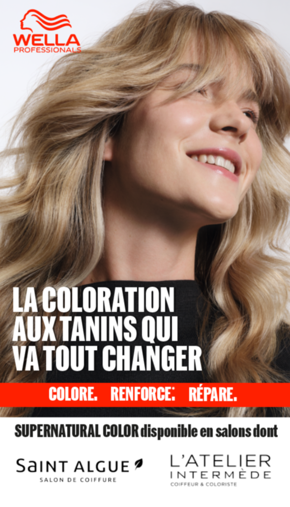 Affiche promotionnelle pour la coloration capillaire de Wella Professionals, montrant une femme avec des cheveux blonds bouclés et souriante, logos des salons de coiffure Saint Algue, Saint Algue et L'Atelier Intermède.
