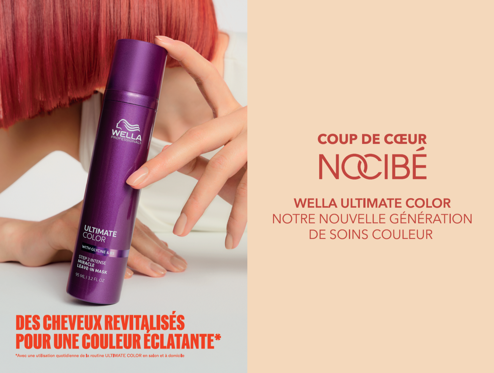 Une femme aux cheveux rouges tient un flacon violet de la marque Wella Professionnels, destiné à revitaliser les cheveux. Le texte sur l'image annonce une nouvelle gamme de soins couleur appelée Wella Ultimate Color, avec un slogan pour des cheveux revitalisés et colorés.