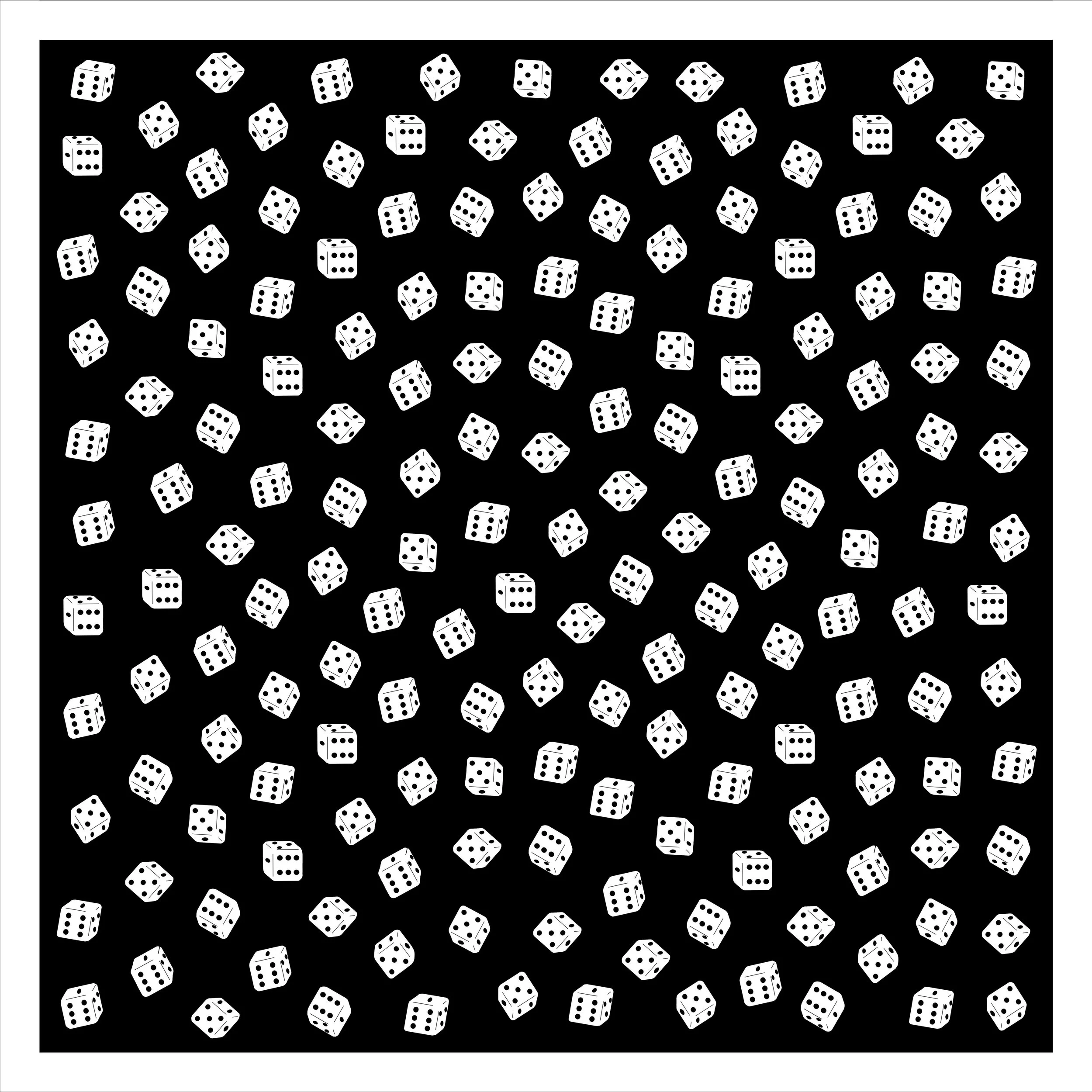 Une multitude de dés de jeu blancs avec des points noirs dispersés sur un fond noir.