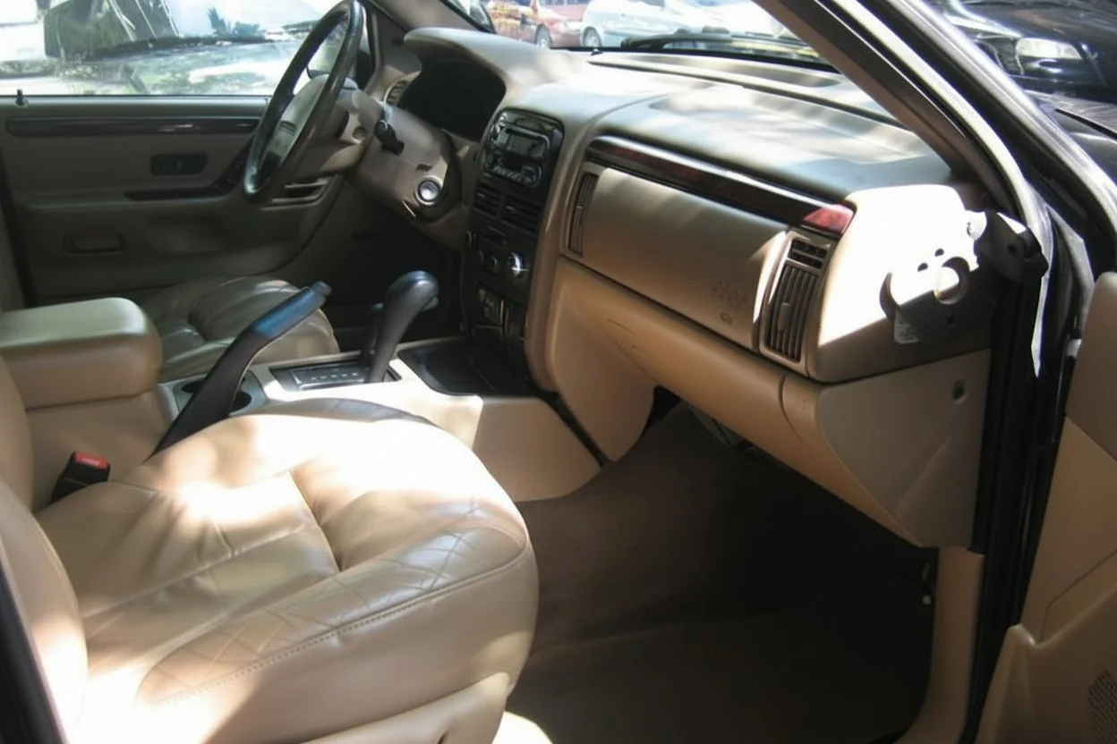 Interior of a beige car showing front seats, dashboard, steering wheel, gear shift, and center console.