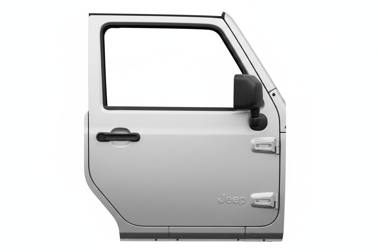 A silver Jeep vehicle door with a black side mirror, black door handle, and hinges.