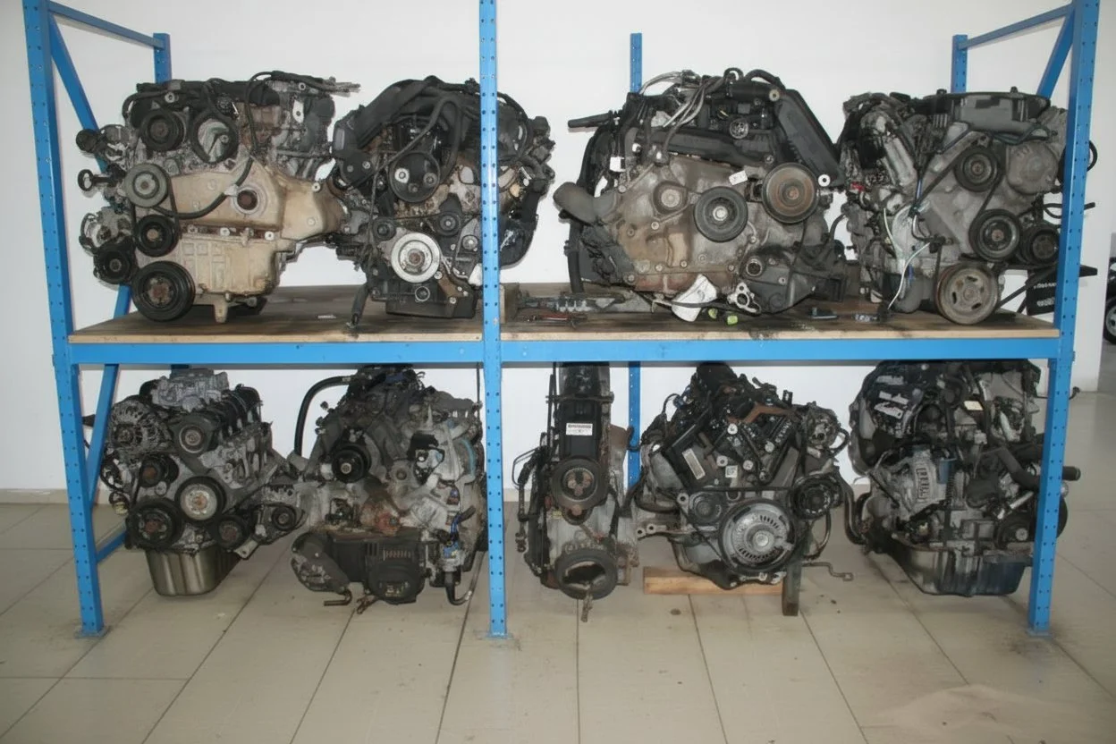 Eight used car engines are stored on blue metal racks in a workshop or storage area.