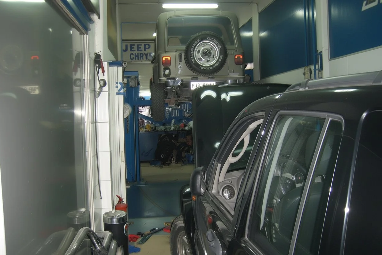 Inside an auto repair shop with black and grey vehicles, a grey Jeep is lifted on a blue hydraulic lift, with tools and equipment visible in the background.