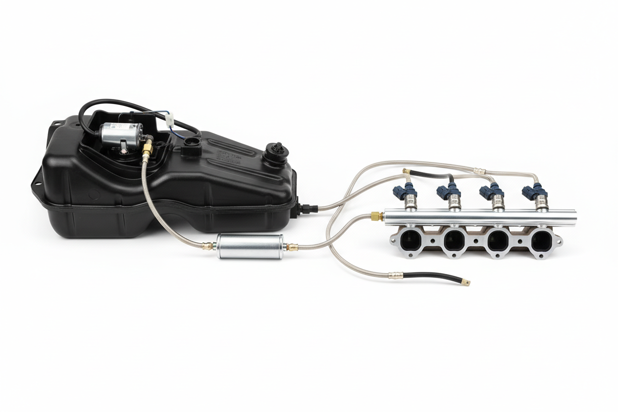 Automotive fuel delivery system components including a fuel tank, fuel pump, fuel rail, and injectors.