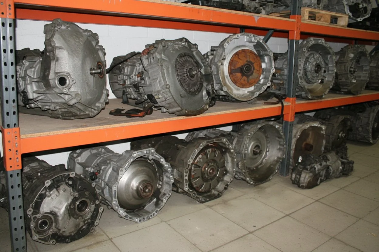 Automotive transmissions stored on orange metal shelves in a workshop.