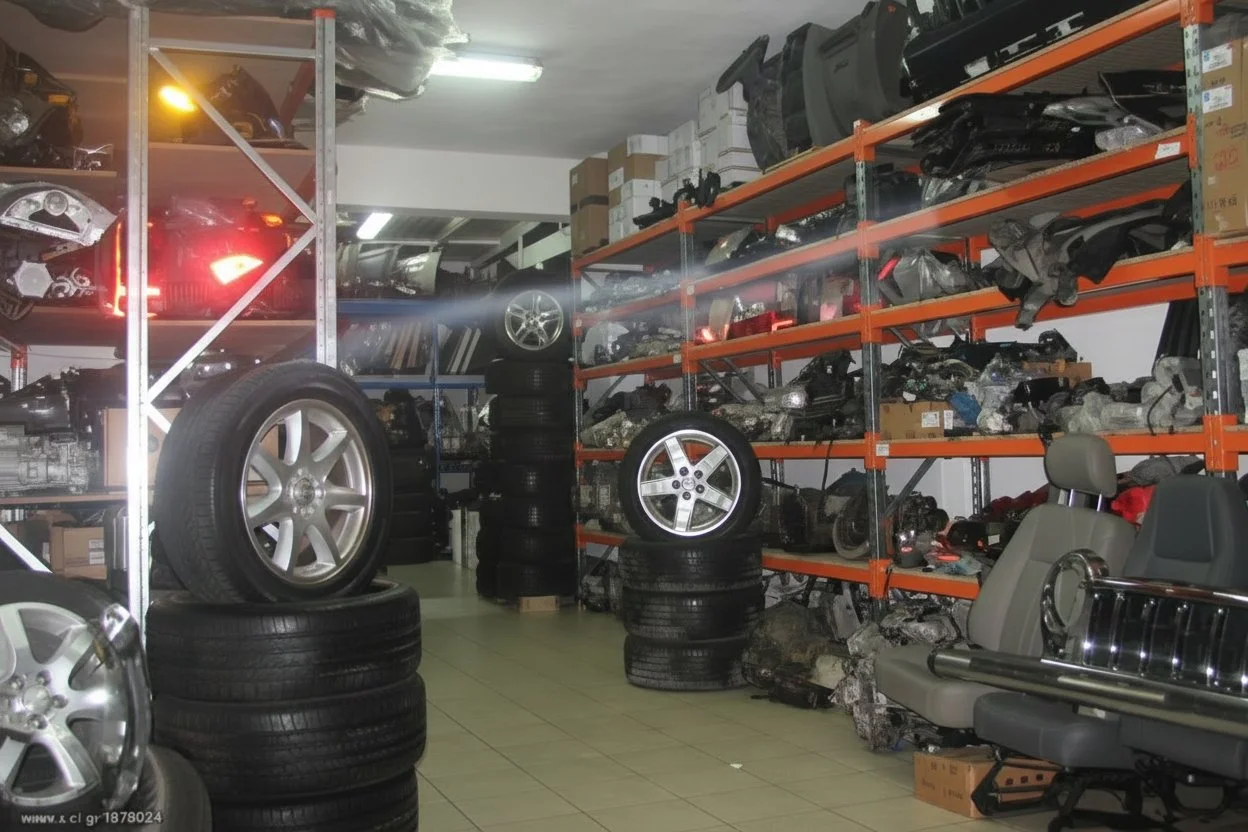 A storage room filled with car parts, tires, and wheels stacked on metal shelves and on the floor.