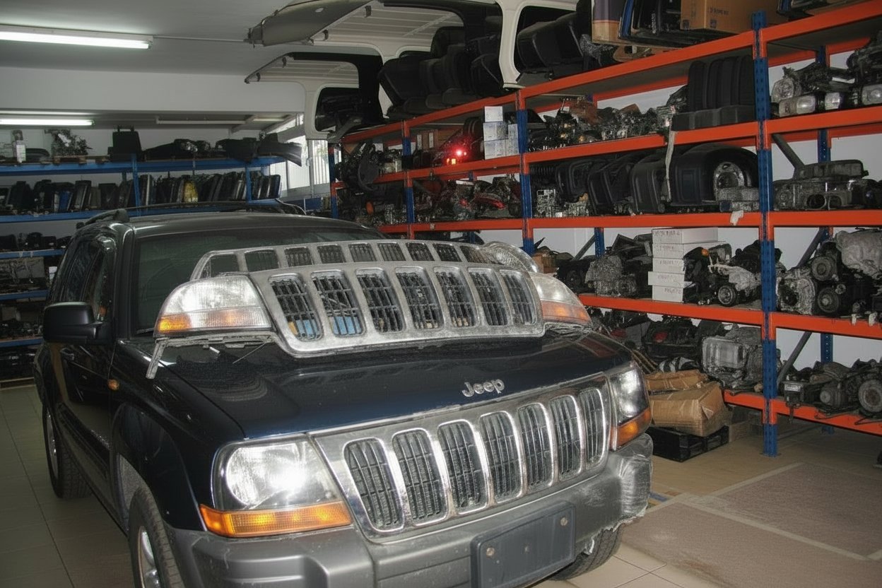 A black Jeep SUV inside a storage room with shelves filled with various car parts and engines.