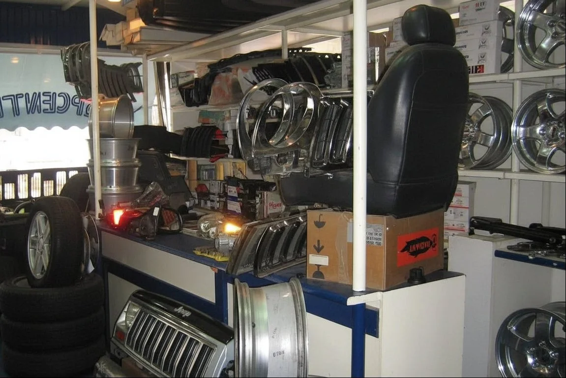 Car parts including wheels, rims, tires, and a steering wheel on display in an auto parts store.