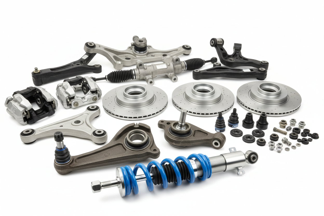 Various automotive suspension parts, including brake rotors, calipers, control arms, shock absorbers, and other components on a white background.