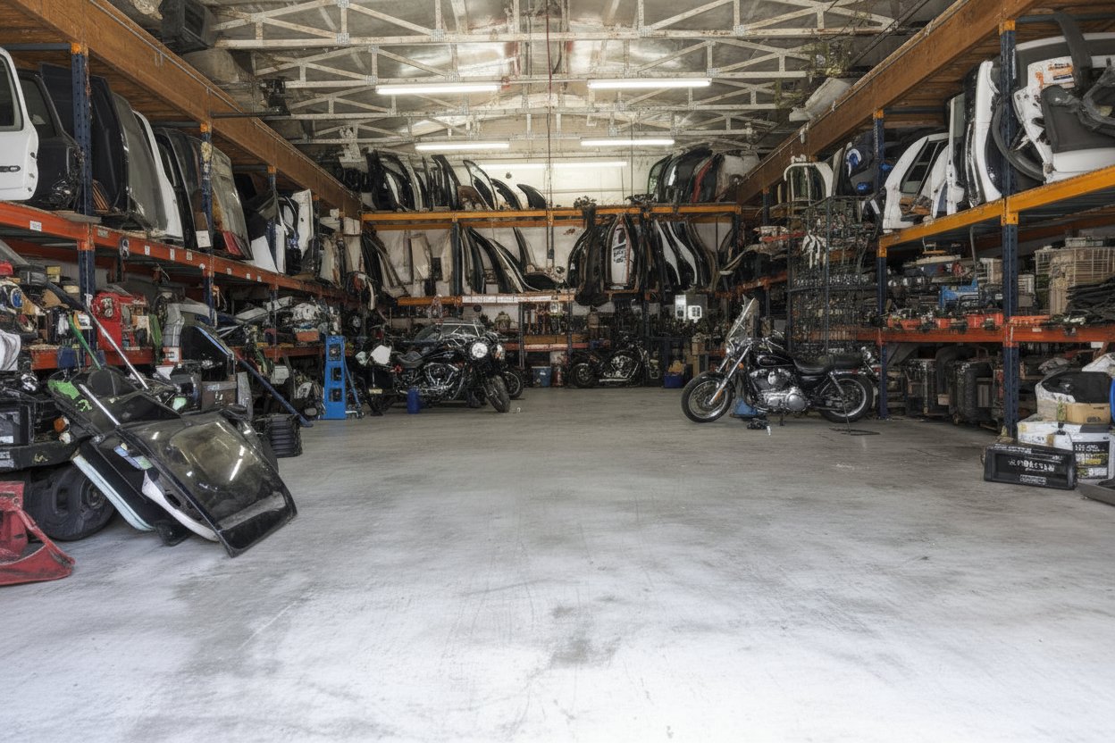 A spacious warehouse or garage filled with car parts, motorcycles, and automotive equipment, with shelves holding car doors and frames along the walls.