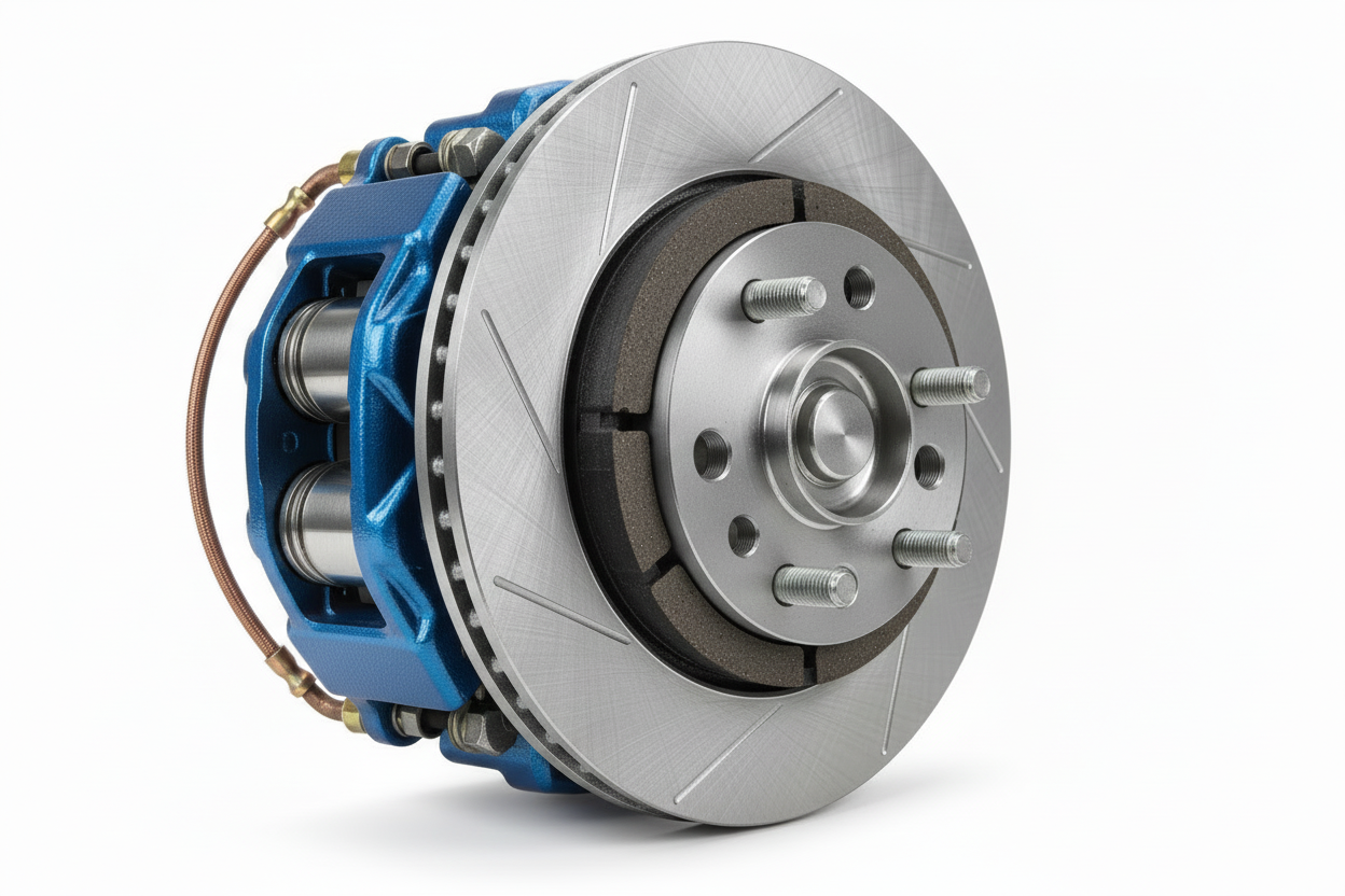 Close-up of a modern car brake disc and caliper assembly on a white background.