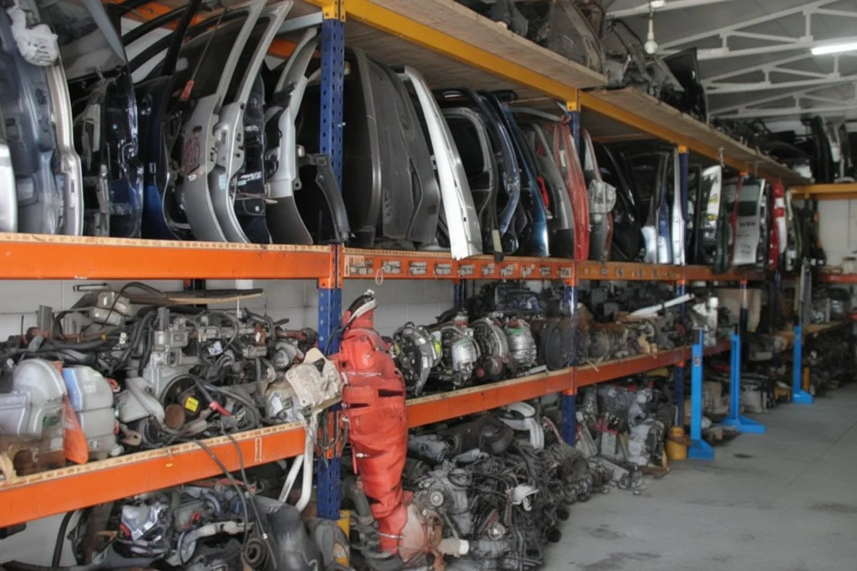 Shelves with car parts, including bumpers, engines, and transmissions in a storage facility or auto salvage yard.