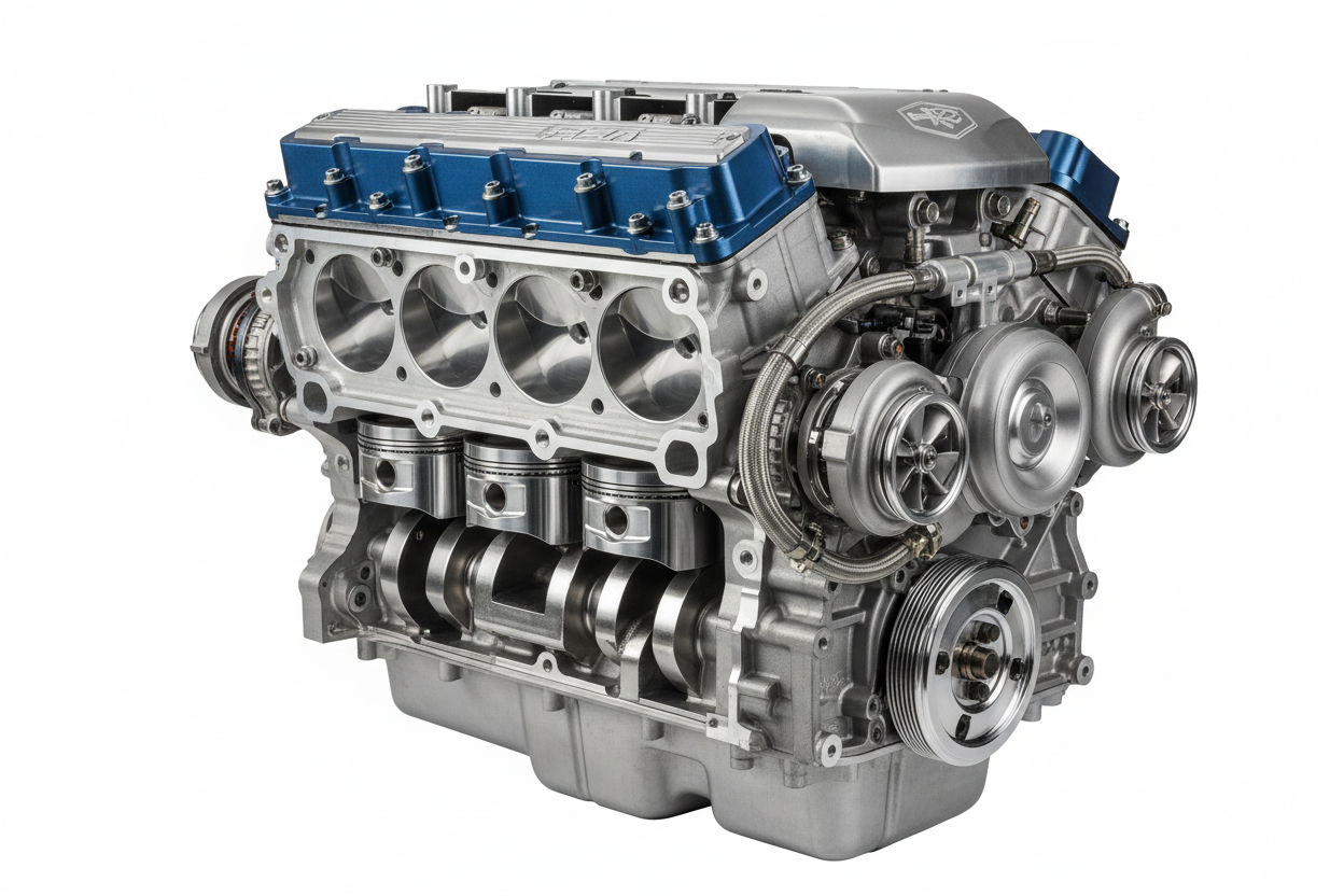A detailed view of a high-performance V8 car engine with visible intake manifold, turbochargers, and various components.