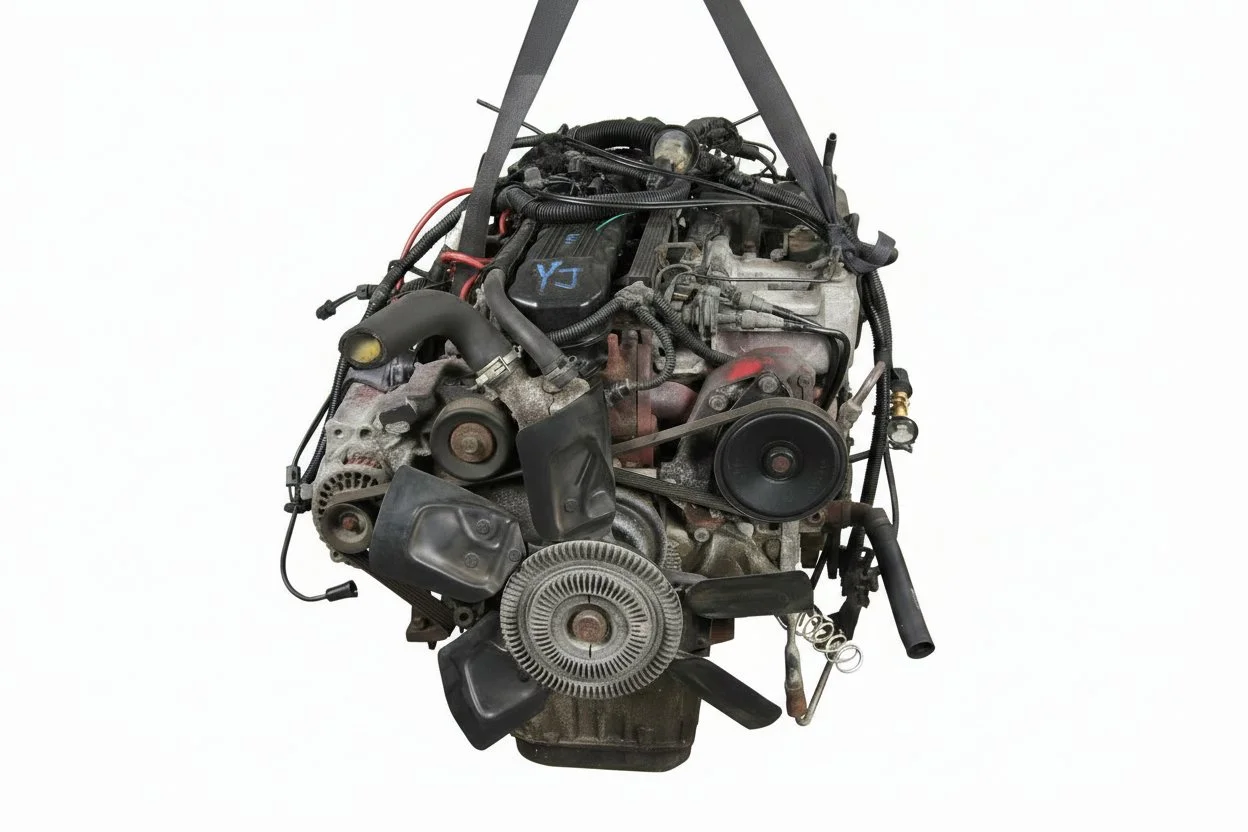 A car engine hung by a strap against a plain white background.