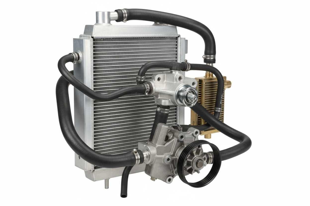 Automotive radiator system with hoses, pump, and radiator.