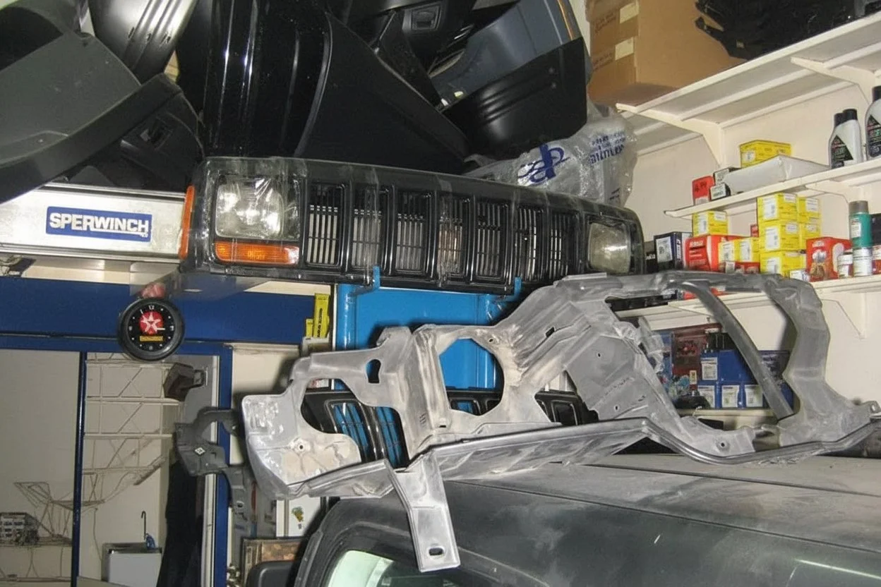 A garage scene with a disassembled car frame resting on a surface, surrounded by various automotive parts and tools, including a Jeep grille, a Snap-on tool chest, and shelves stocked with containers and supplies.