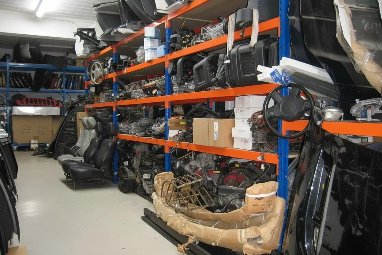 A warehouse aisle filled with automotive parts and car accessories on blue and orange shelving units, including seats, steering wheels, and boxes.