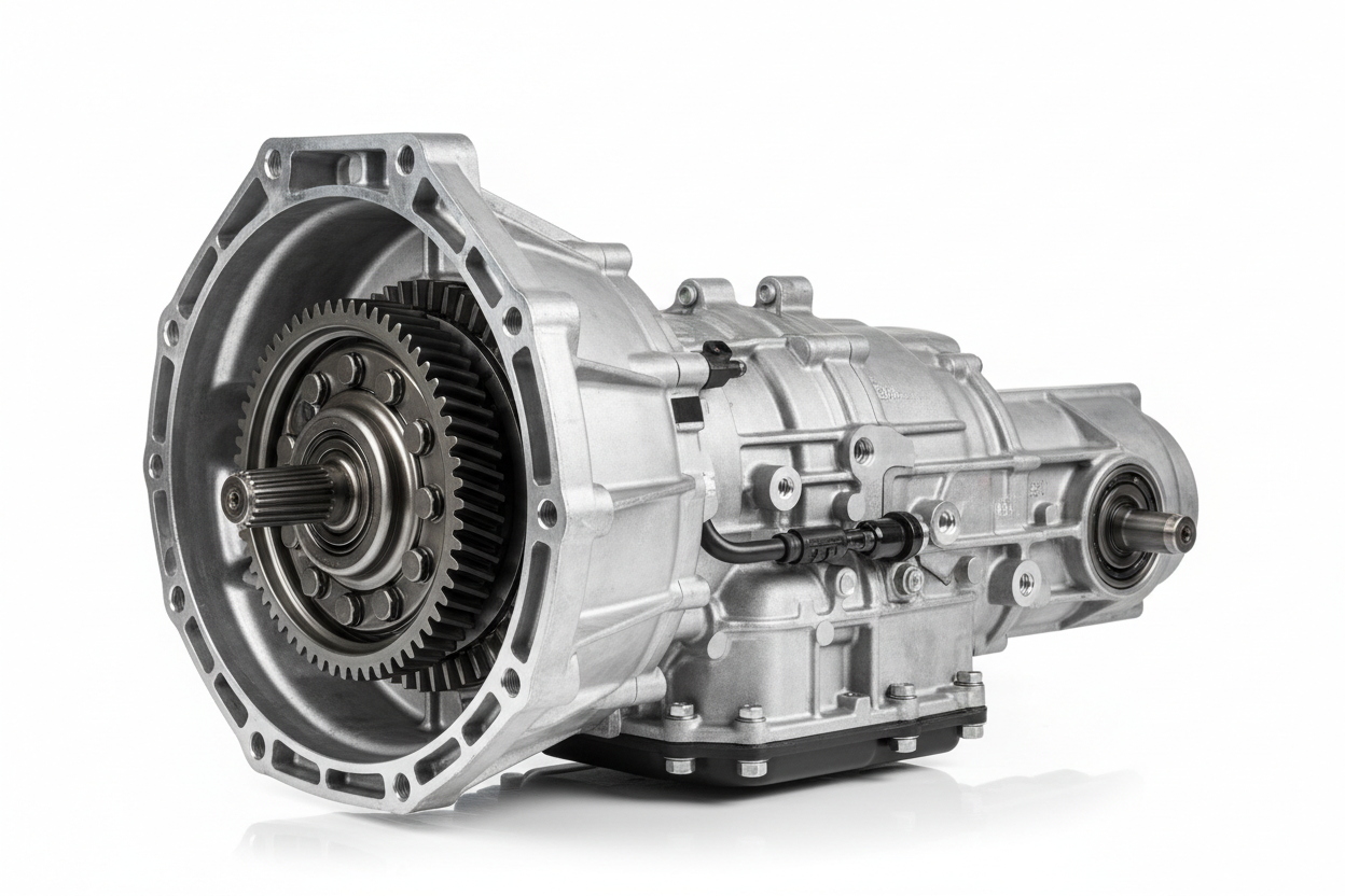 Automobile transmission against a plain white background.