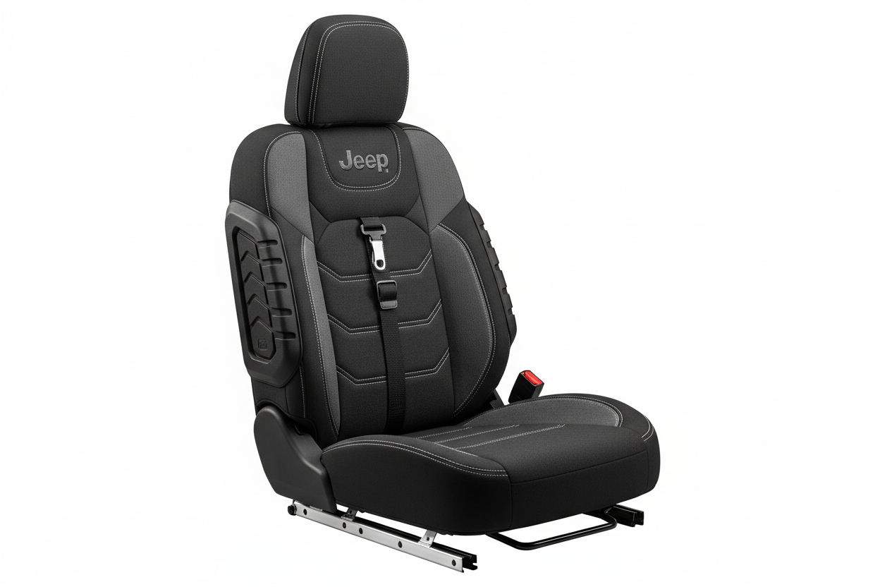 A black vehicle seat with gray accents and stitching, featuring the Jeep logo on the headrest area, side support panels, a headrest, and a seatbelt buckle on a plain white background.