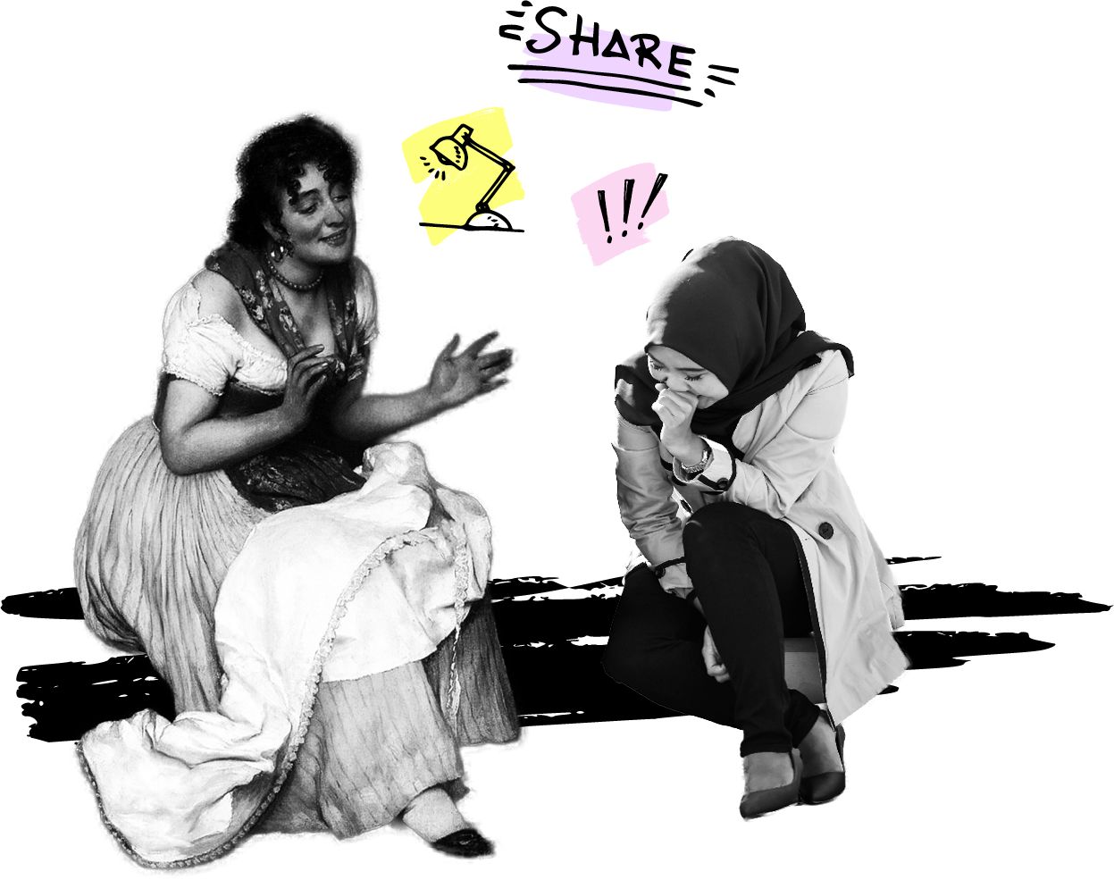 Two women in conversation, representing sharing and human connection.