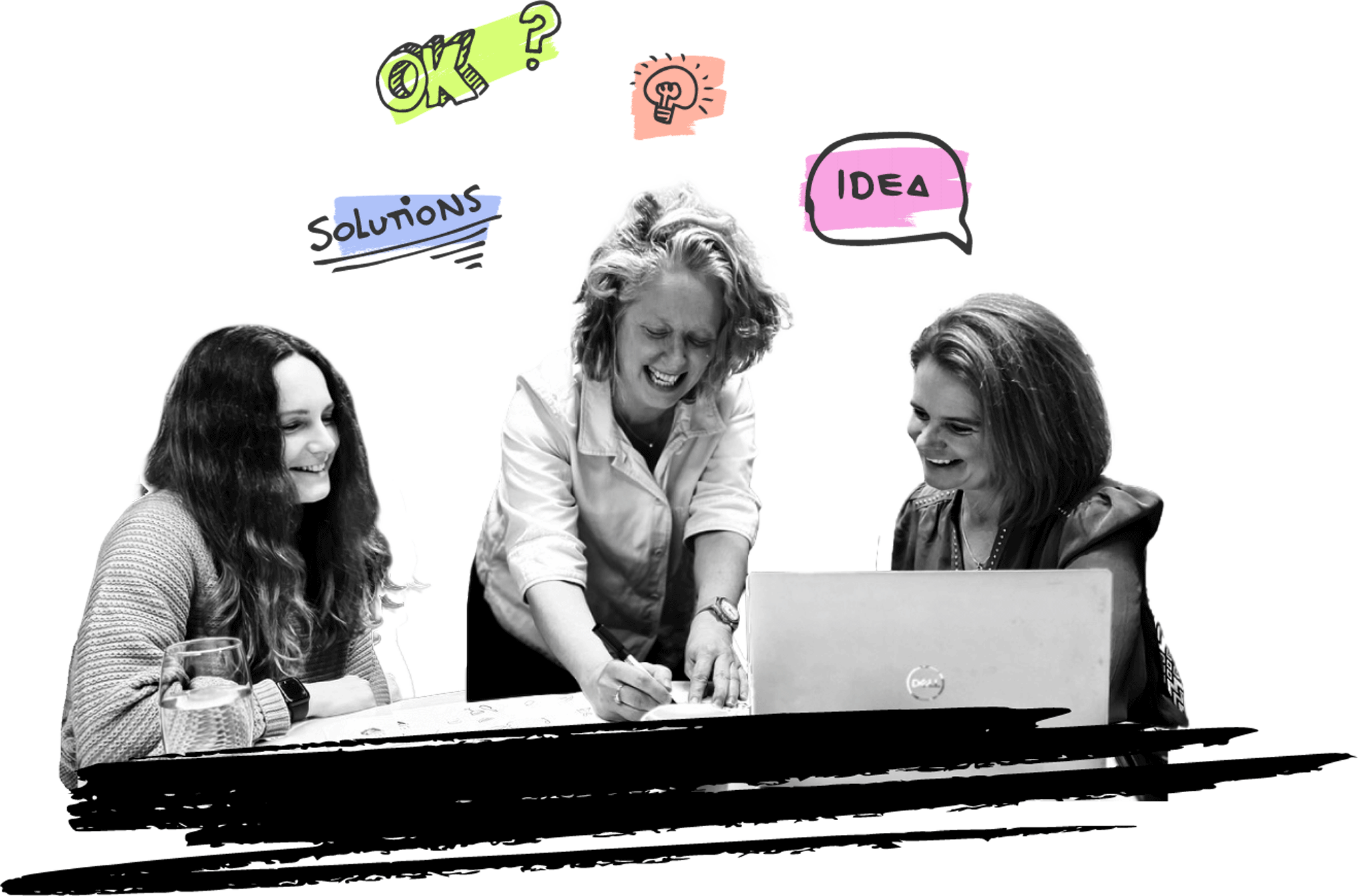 Three members of the C+D team collaborating around a laptop, smiling and reviewing notes, with illustrated words including “Solutions” and “Idea” above them.