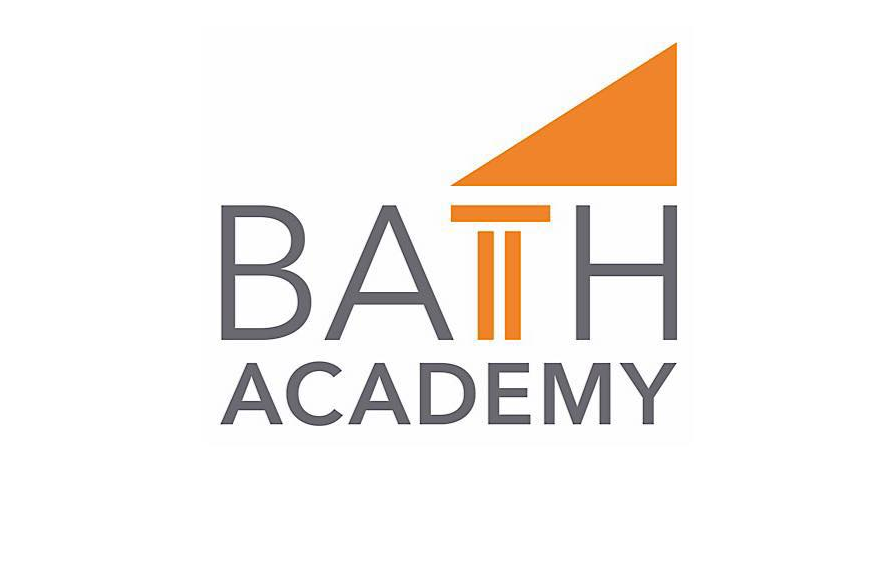 Logo for Bath Academy with orange triangle and column graphics, and the words 'Bath Academy' in gray text