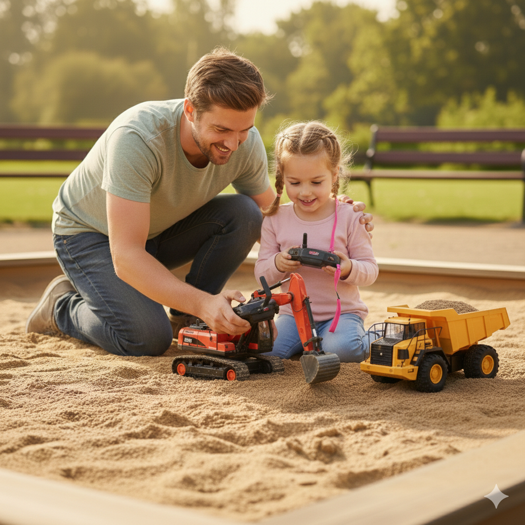 A man and young girl playing with toy construction vehicles in a sandbox at a park on a sunny day.