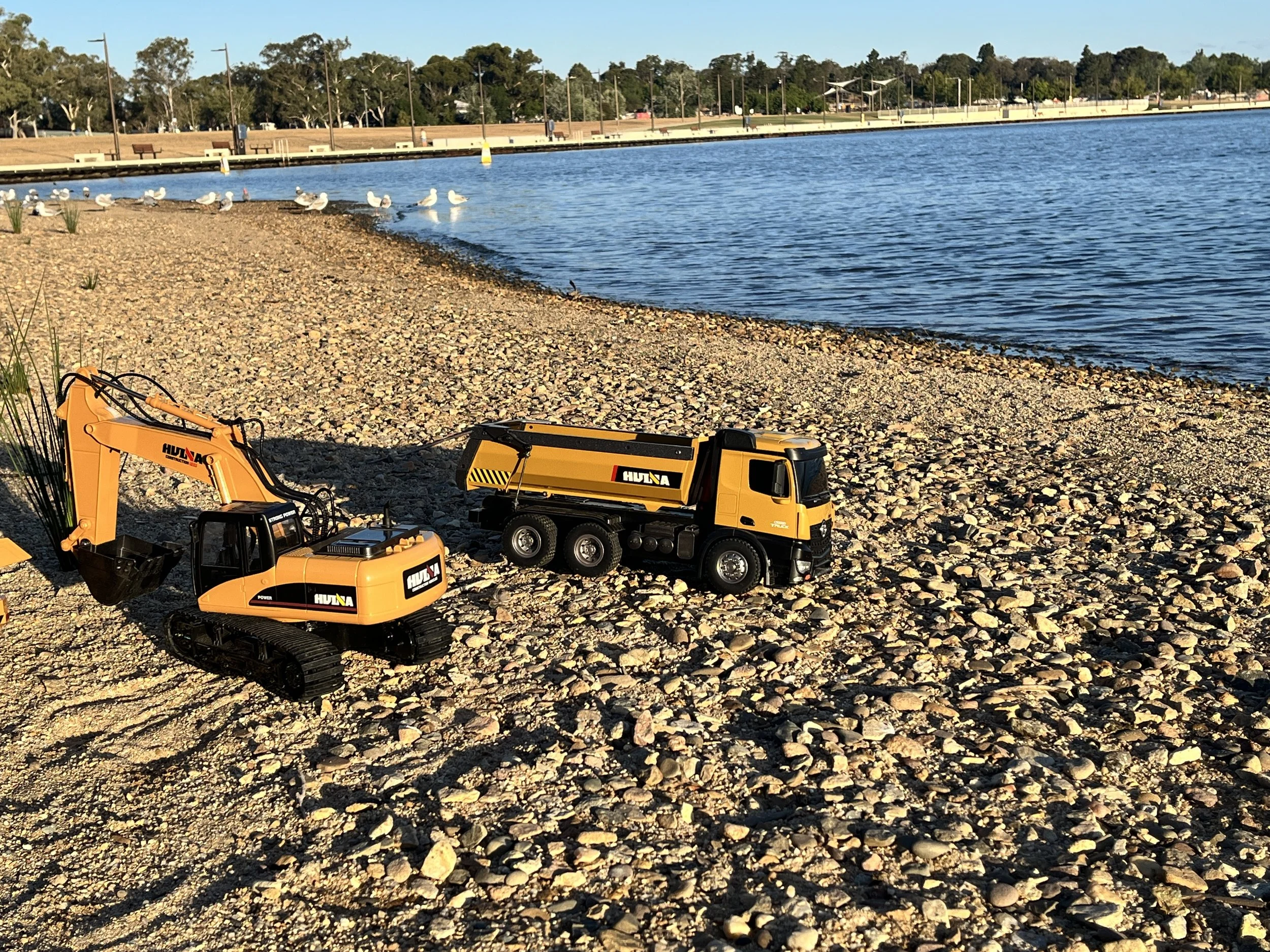 Toy construction vehicles, a yellow excavator and a dump truck, on a rocky beach near a body of water with seagulls and a park in the background.
Canberra & NSW
