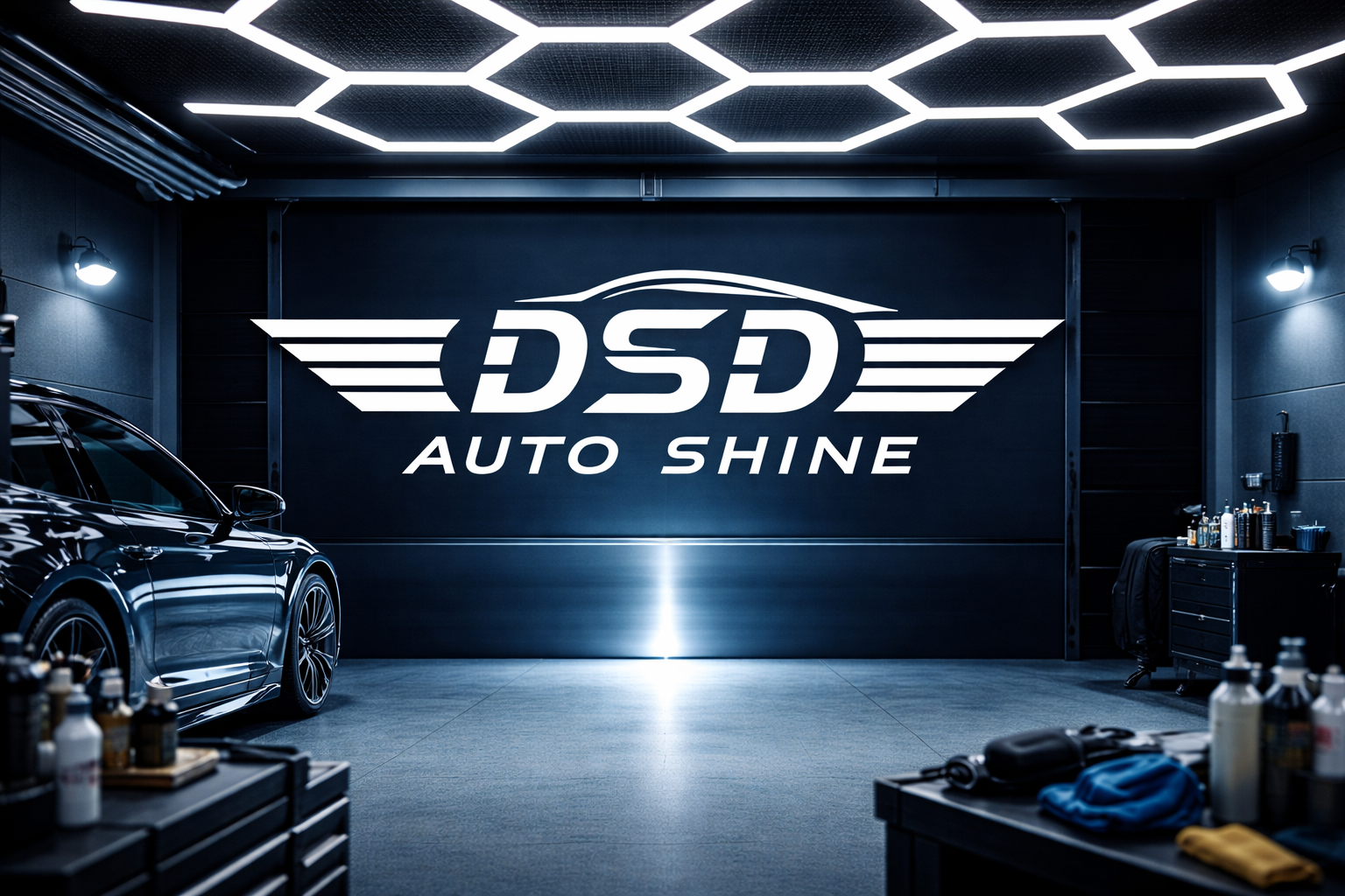 Interior of an auto detailing garage with a black luxury car on the left and a large illuminated sign reading 'DSD Auto Shine' on the back wall.