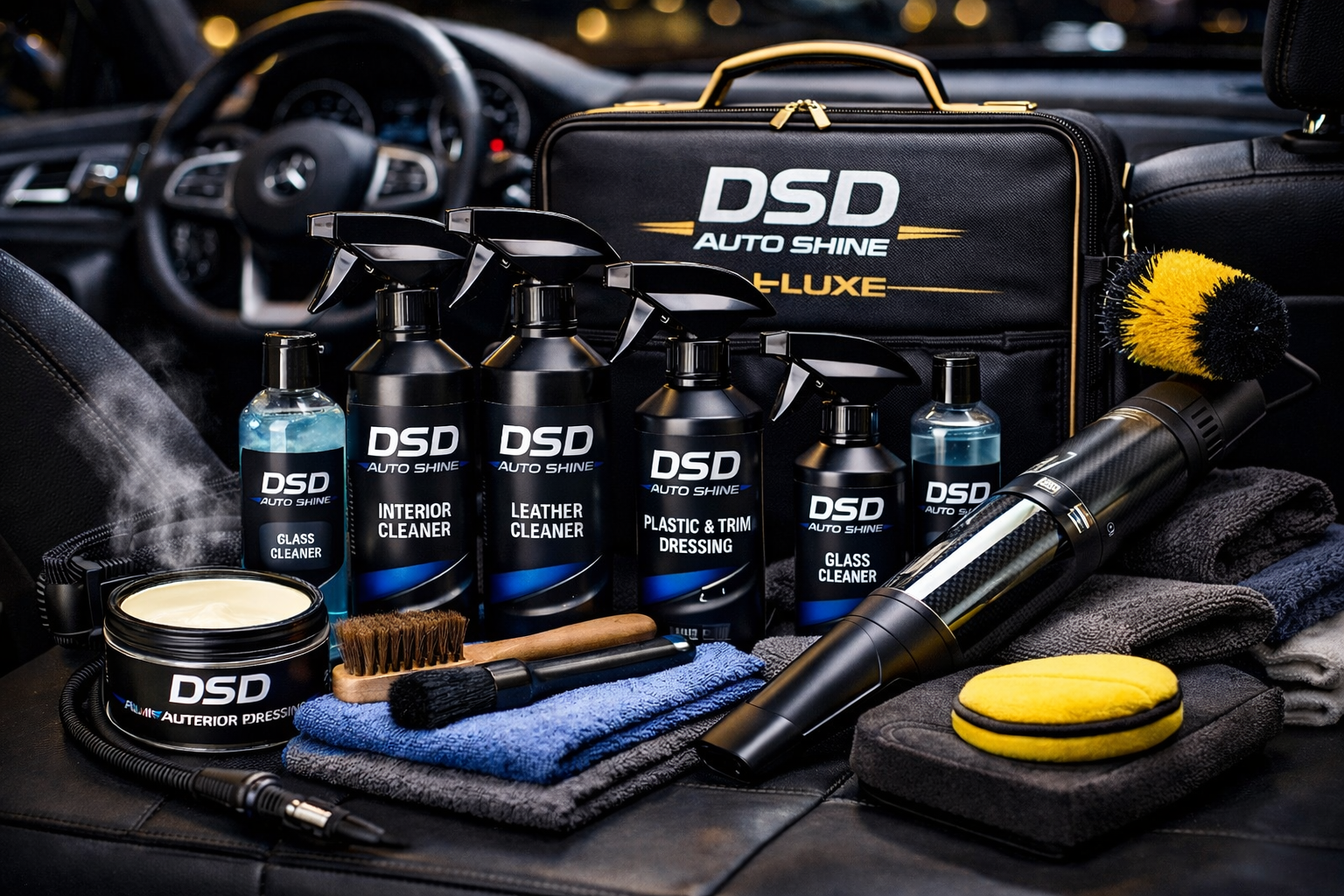 Car detailing and cleaning supplies on a car seat, including spray bottles, a vacuum cleaner, cloths, brushes, and a black carrying case with the DSD Auto Shine logo.