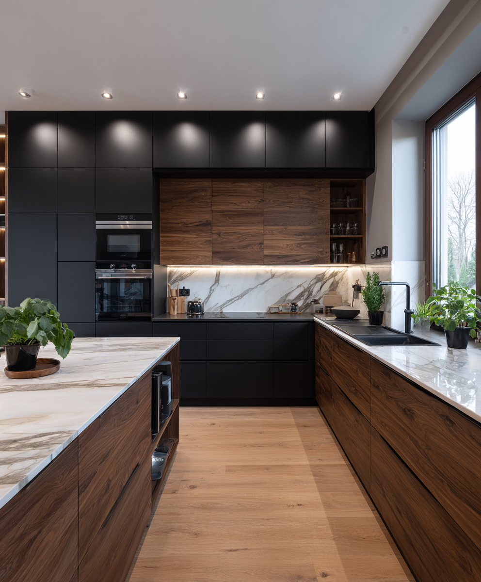 Modern keuken met zwarte en houten kasten, marmeren werkblad, grote raam met planten, en ingebouwde oven.