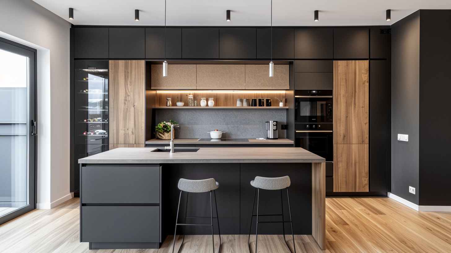 Moderne keuken met zwart en houtafwerking, centraal een keukeneiland met zitplaatsen, natuurlijke lichtinval van links, inbouwapparatuur, houten vloer.