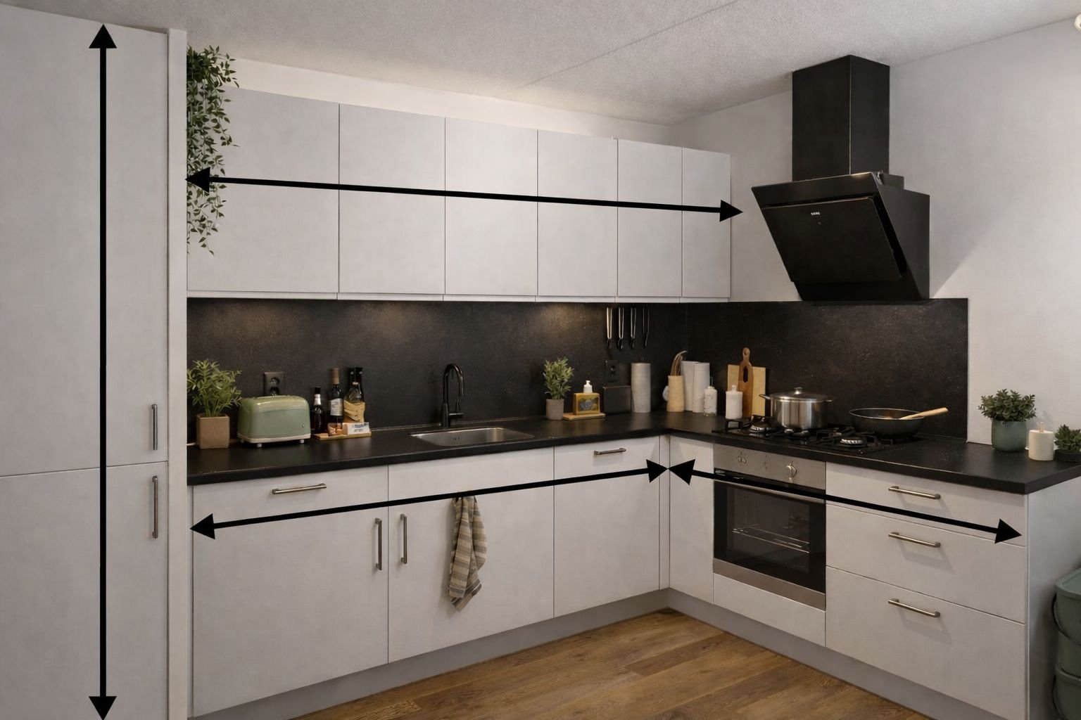Moderne keuken met witte kasten, zwarte achterwand en zwart aanrecht, met diverse keukenapparaten en decoratie.