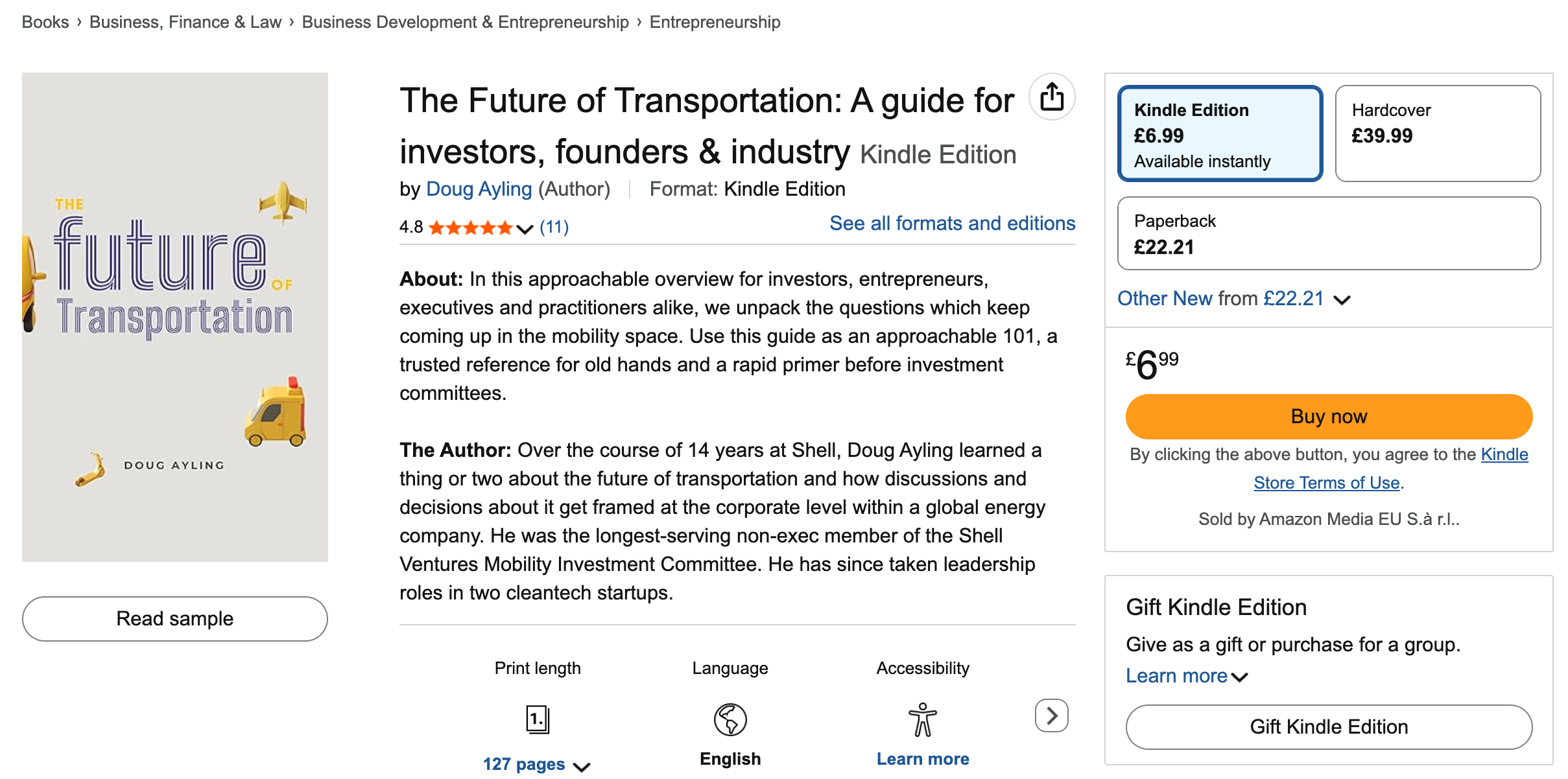Book cover titled "The Future of Transportation: A guide for investors, founders & industry" by Doug Ayling, featuring illustrations of transportation vehicles such as a drone, a jet, a van, and a drone on the cover.