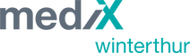 Logo mit dem Text 'medix' in Grau und Blau, mit zusätzlichem Element in Cyan