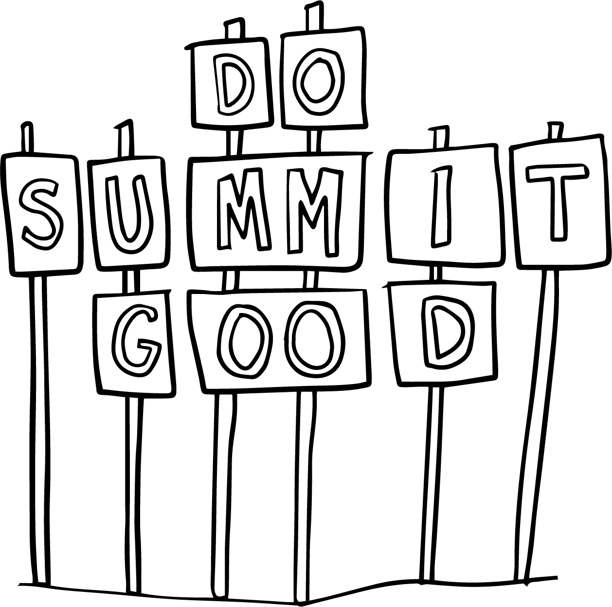 Black and white drawing of a sign that says "Summer Good Died" with the words arranged on hanging paper signs attached to strings.