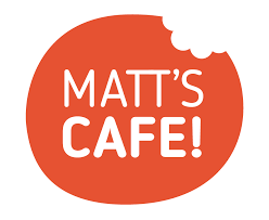Logo of Matt's Cafe with an orange bite-shaped background and white text