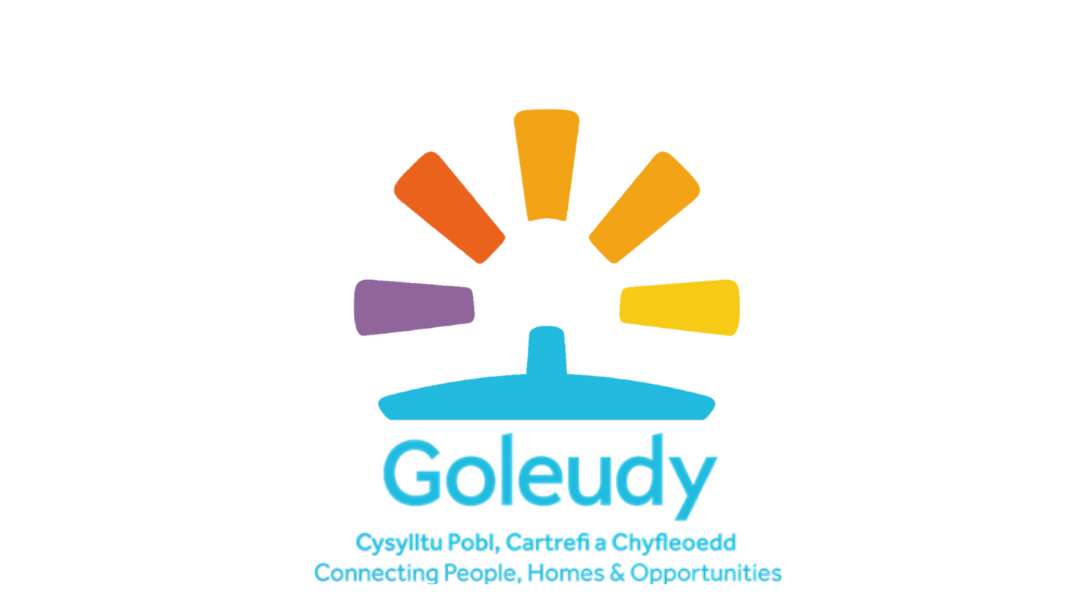 Colorful logo with a stylized house and radiant lines above it. The text 'Goleudy' and a tagline in Welsh and English about connecting people, homes, and opportunities.